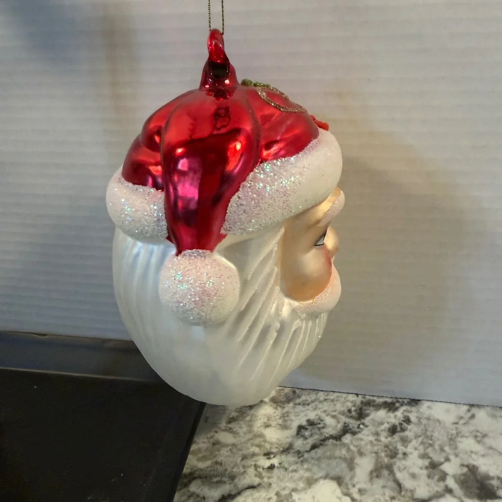 Large Glass Santa Claus Head Christmas Ornament Poinsettia Glitter Red 7